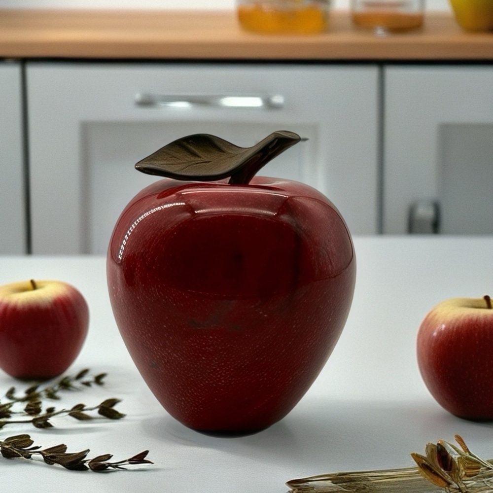 MCM Red Polished Marble Stone Apple w Brass Stem & Leaf Paperweight Decor